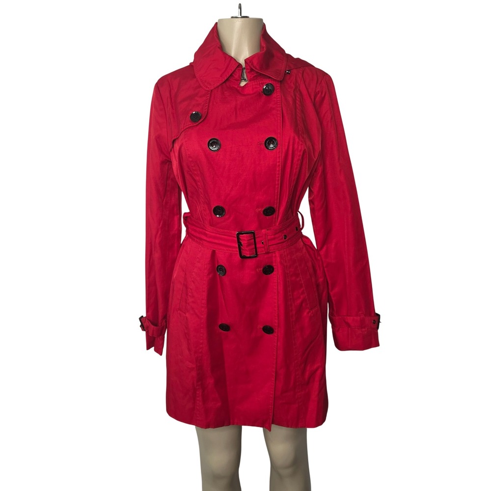 Michael Kors Trench Coat Womens M Red Double Breasted Hooded Belted Classic